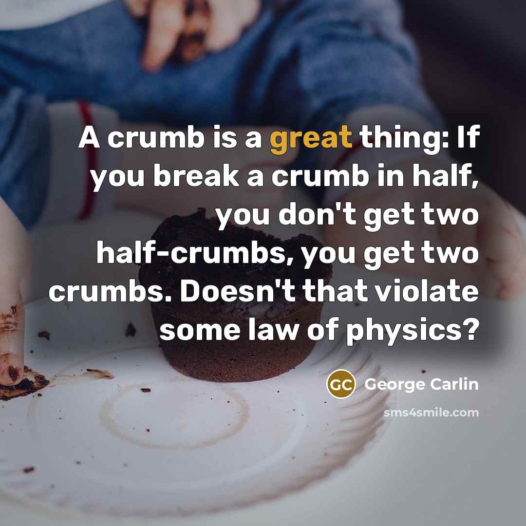 “A crumb is a great thing: If you break a crumb in half, you don't get two half-crumbs, you get two crumbs. Doesn't that violate some law of physics?” quote by George Carlin
