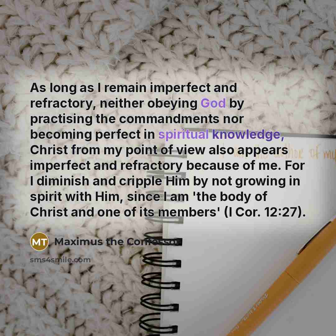 “As long as I remain imperfect and refractory, neither obeying God by practising the commandments nor becoming perfect in spiritual knowledge, Christ from my point of view also appears imperfect and refractory because of me. For I diminish and cripple Him by not growing in spirit with Him, since I…” quote by Maximus the Confessor
