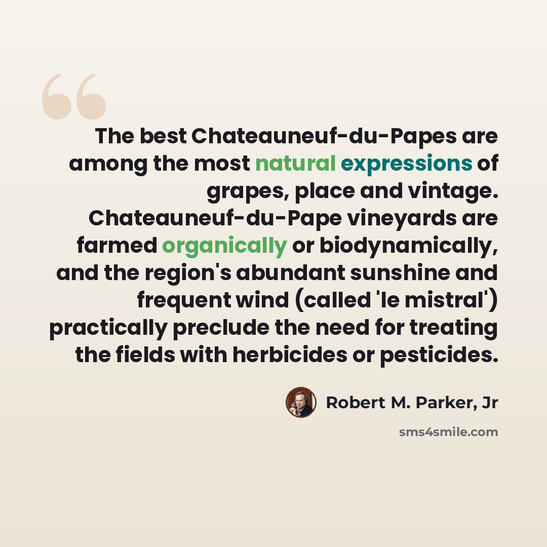 “The best Chateauneuf-du-Papes are among the most natural expressions of grapes, place and vintage. Chateauneuf-du-Pape vineyards are farmed organically or biodynamically, and the region's abundant sunshine and frequent wind (called 'le mistral') practically preclude the need for treating the…” quote by Robert M. Parker, Jr