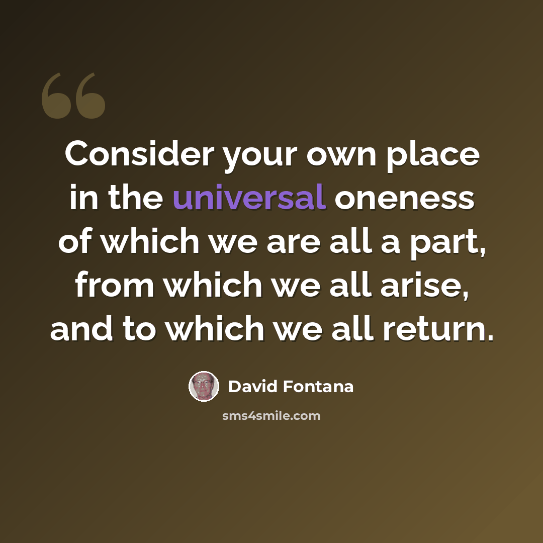 “Consider your own place in the universal oneness of which we are all a part, from which we all arise, and to which we all return.” quote by David Fontana