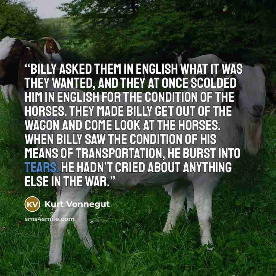 “Billy asked them in English what it was they wanted, and they at once scolded him in English for the condition of the horses. They made Billy get out of the wagon and come look at the horses. When Billy saw the condition of his means of transportation, he burst into tears. He hadn’t cried about…” quote by Kurt Vonnegut