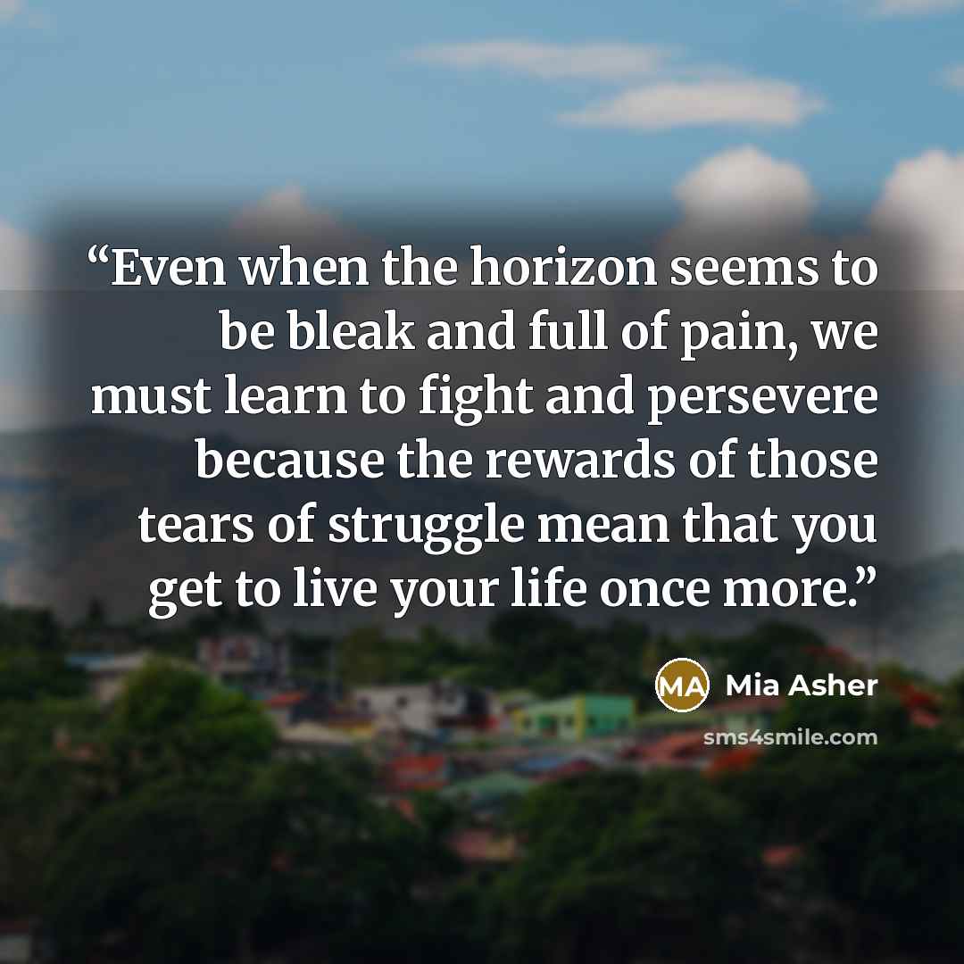 “Even when the horizon seems to be bleak and full of pain, we must learn to fight and persevere because the rewards of those tears of struggle mean that you get to live your life once more.” quote by Mia Asher