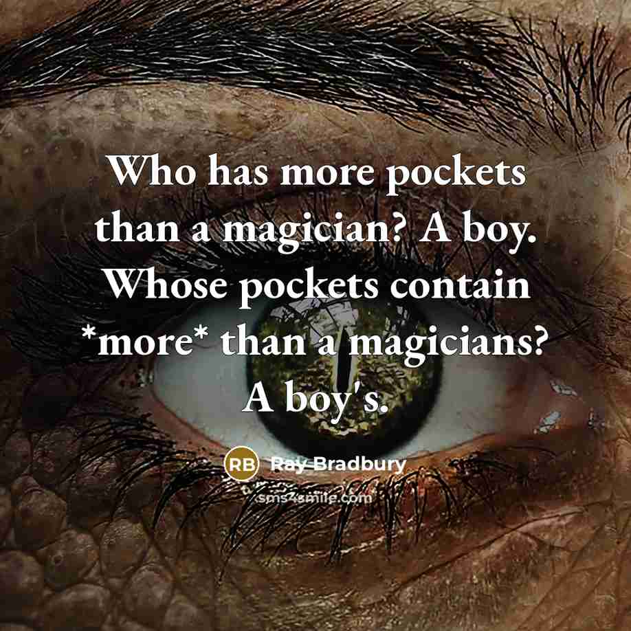 “Who has more pockets than a magician? A boy. Whose pockets contain *more* than a magicians? A boy's.” quote by Ray Bradbury