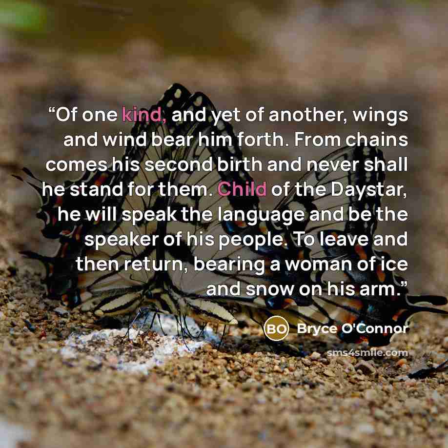 “Of one kind, and yet of another, wings and wind bear him forth. From chains comes his second birth and never shall he stand for them. Child of the Daystar, he will speak the language and be the speaker of his people. To leave and then return, bearing a woman of ice and snow on his arm.” quote by Bryce O'Connor