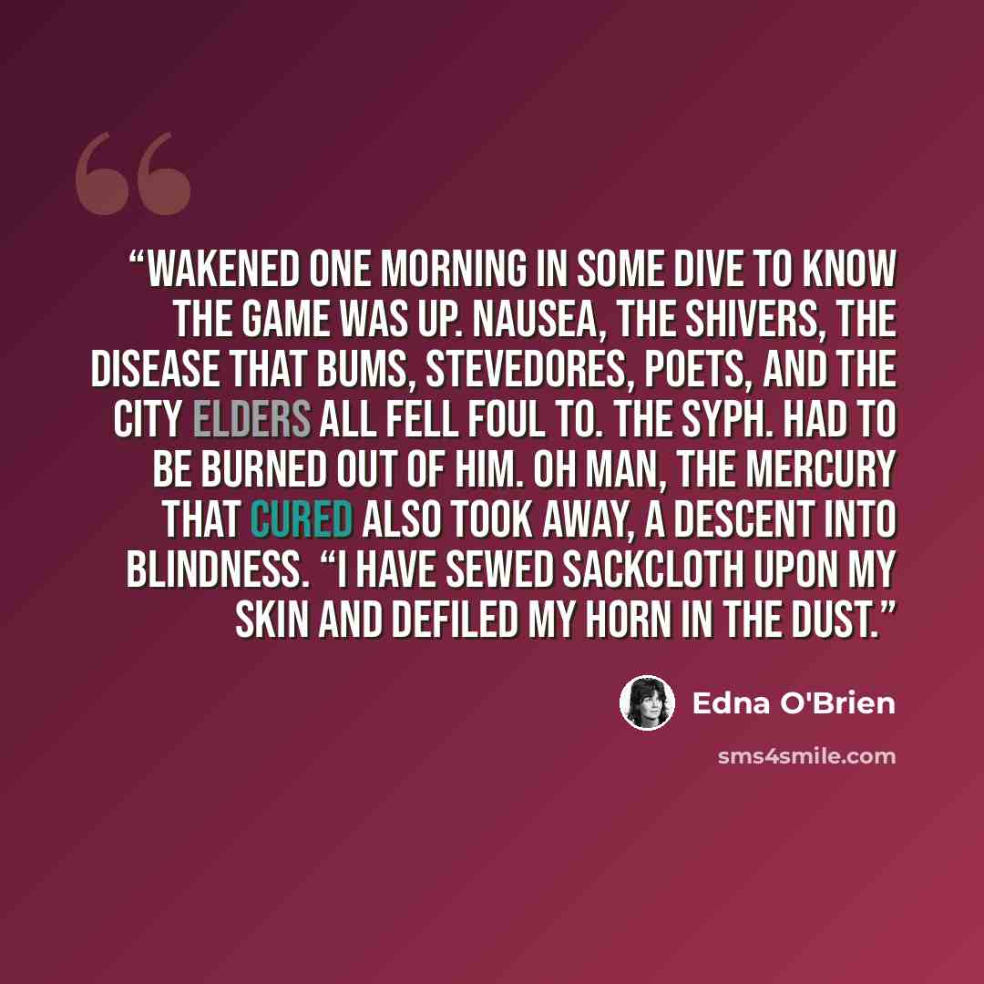 “Wakened one morning in some dive to know the game was up. Nausea, the shivers, the disease that bums, stevedores, poets, and the city elders all fell foul to. The syph. Had to be burned out of him. Oh man, the mercury that cured also took away, a descent into blindness. “I have sewed sackcloth…” quote by Edna O'Brien