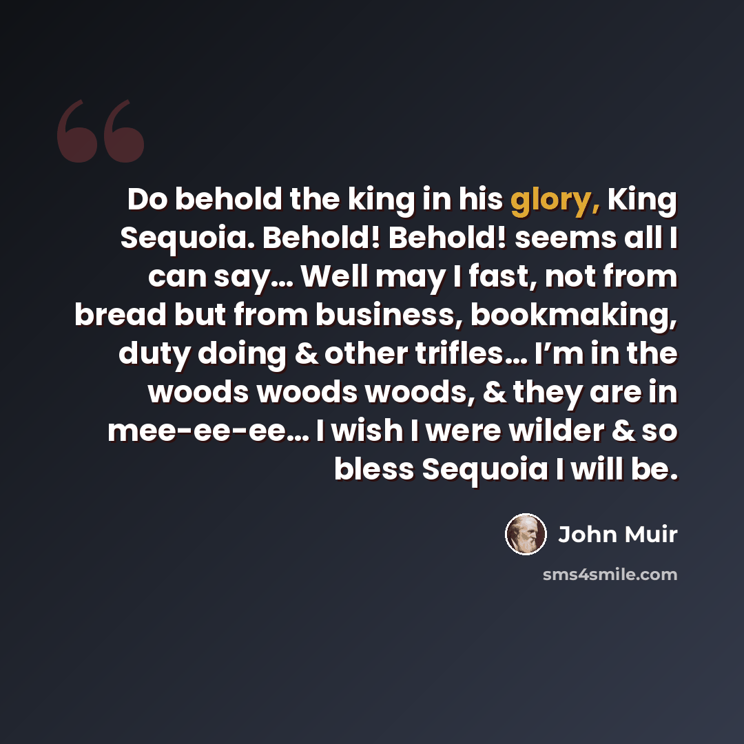 “Do behold the king in his glory, King Sequoia. Behold! Behold! seems all I can say… Well may I fast, not from bread but from business, bookmaking, duty doing & other trifles… I’m in the woods woods woods, & they are in mee-ee-ee… I wish I were wilder & so bless Sequoia I will be.” quote by John Muir