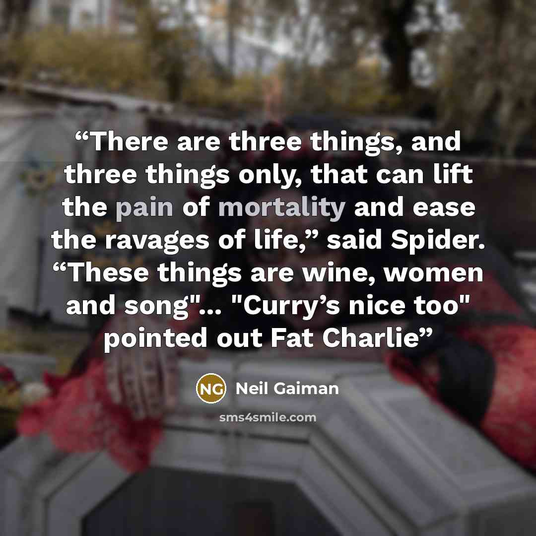 “There are three things, and three things only, that can lift the pain of mortality and ease the ravages of life,” said Spider. “These things are wine, women and song"... "Curry’s nice too" pointed out Fat Charlie” quote by Neil Gaiman