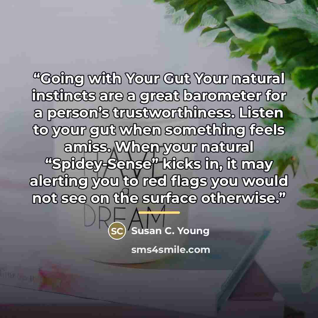 “Going with Your Gut Your natural instincts are a great barometer for a person’s trustworthiness. Listen to your gut when something feels amiss. When your natural “Spidey-Sense” kicks in, it may alerting you to red flags you would not see on the surface otherwise.” quote by Susan C. Young