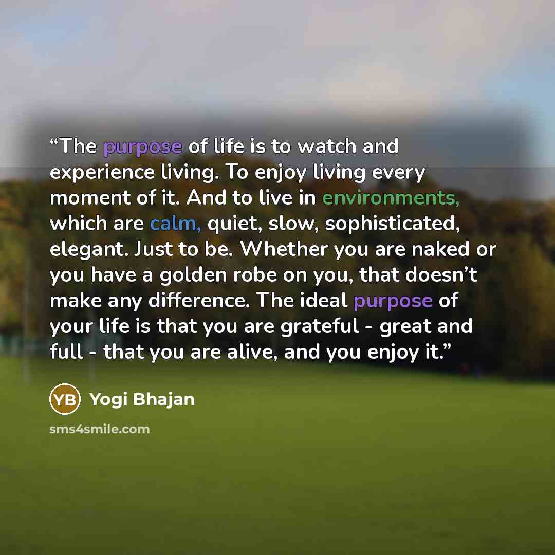 “The purpose of life is to watch and experience living. To enjoy living every moment of it. And to live in environments, which are calm, quiet, slow, sophisticated, elegant. Just to be. Whether you are naked or you have a golden robe on you, that doesn’t make any difference. The ideal purpose of…” quote by Yogi Bhajan