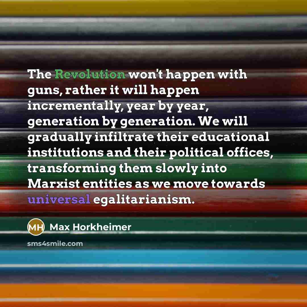 “The Revolution won't happen with guns, rather it will happen incrementally, year by year, generation by generation. We will gradually infiltrate their educational institutions and their political offices, transforming them slowly into Marxist entities as we move towards universal egalitarianism.” quote by Max Horkheimer