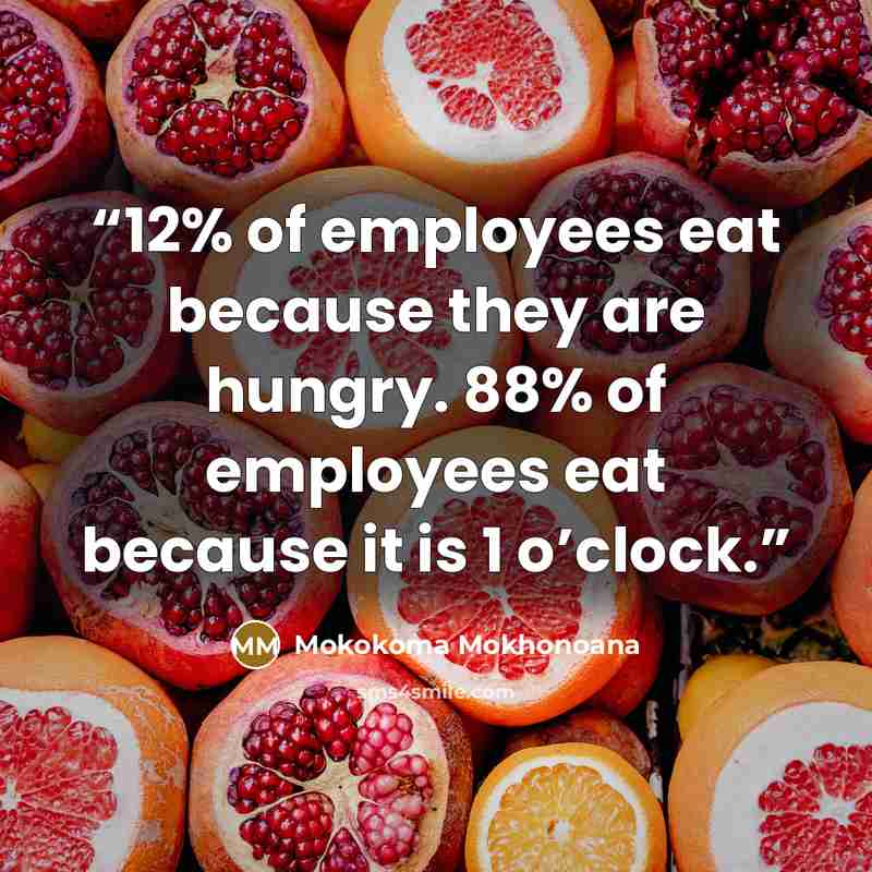 “12% of employees eat because they are hungry. 88% of employees eat because it is 1 o’clock.” quote by Mokokoma Mokhonoana