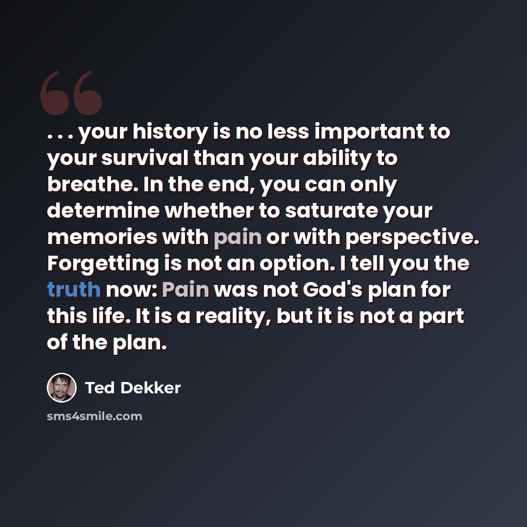 “. . . your history is no less important to your survival than your ability to breathe. In the end, you can only determine whether to saturate your memories with pain or with perspective. Forgetting is not an option. I tell you the truth now: Pain was not God's plan for this life. It is a reality…” quote by Ted Dekker