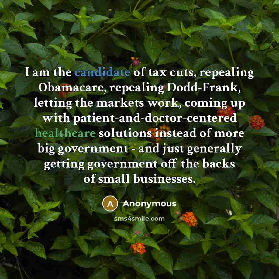 “I am the candidate of tax cuts, repealing Obamacare, repealing Dodd-Frank, letting the markets work, coming up with patient-and-doctor-centered healthcare solutions instead of more big government - and just generally getting government off the backs of small businesses.” quote by Anonymous