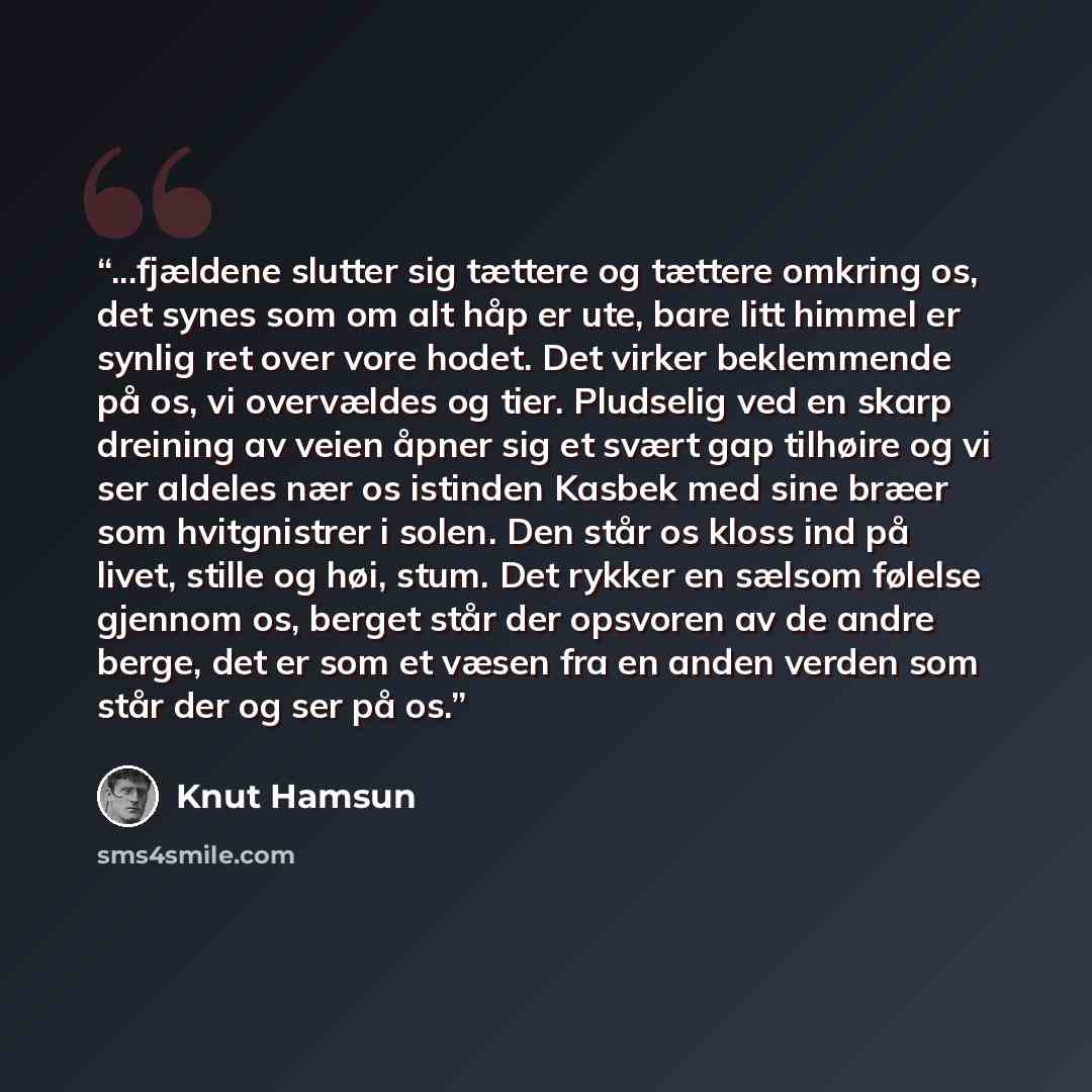 “...fjældene slutter sig tættere og tættere omkring os, det synes som om alt håp er ute, bare litt himmel er synlig ret over vore hodet. Det virker beklemmende på os, vi overvældes og tier. Pludselig ved en skarp dreining av veien åpner sig et svært gap tilhøire og vi ser aldeles nær os istinden…” quote by Knut Hamsun