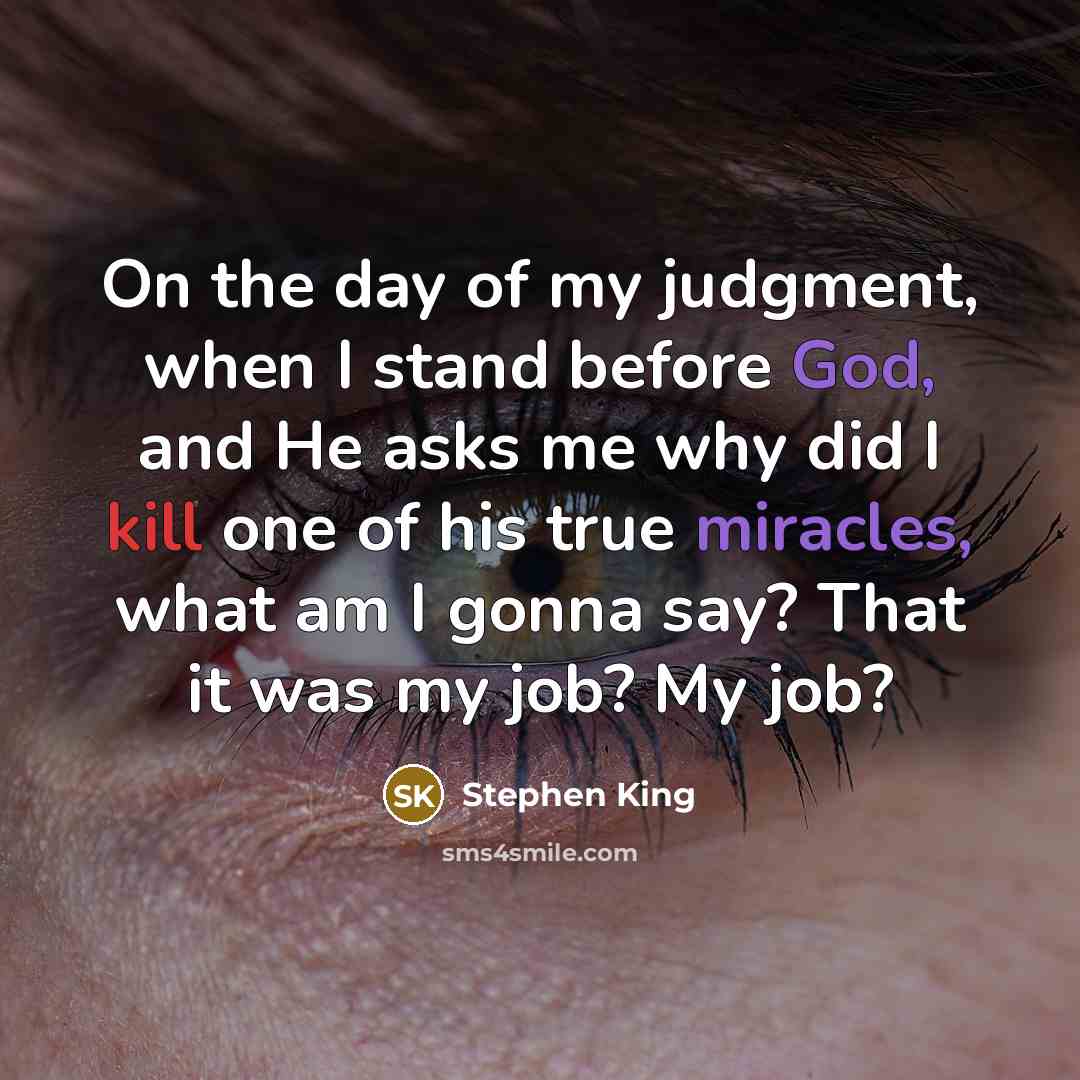 “On the day of my judgment, when I stand before God, and He asks me why did I kill one of his true miracles, what am I gonna say? That it was my job? My job?” quote by Stephen King