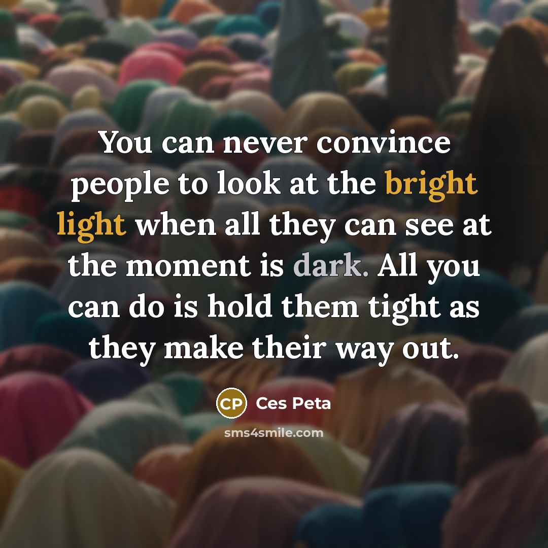 “You can never convince people to look at the bright light when all they can see at the moment is dark. All you can do is hold them tight as they make their way out.” quote by Ces Peta