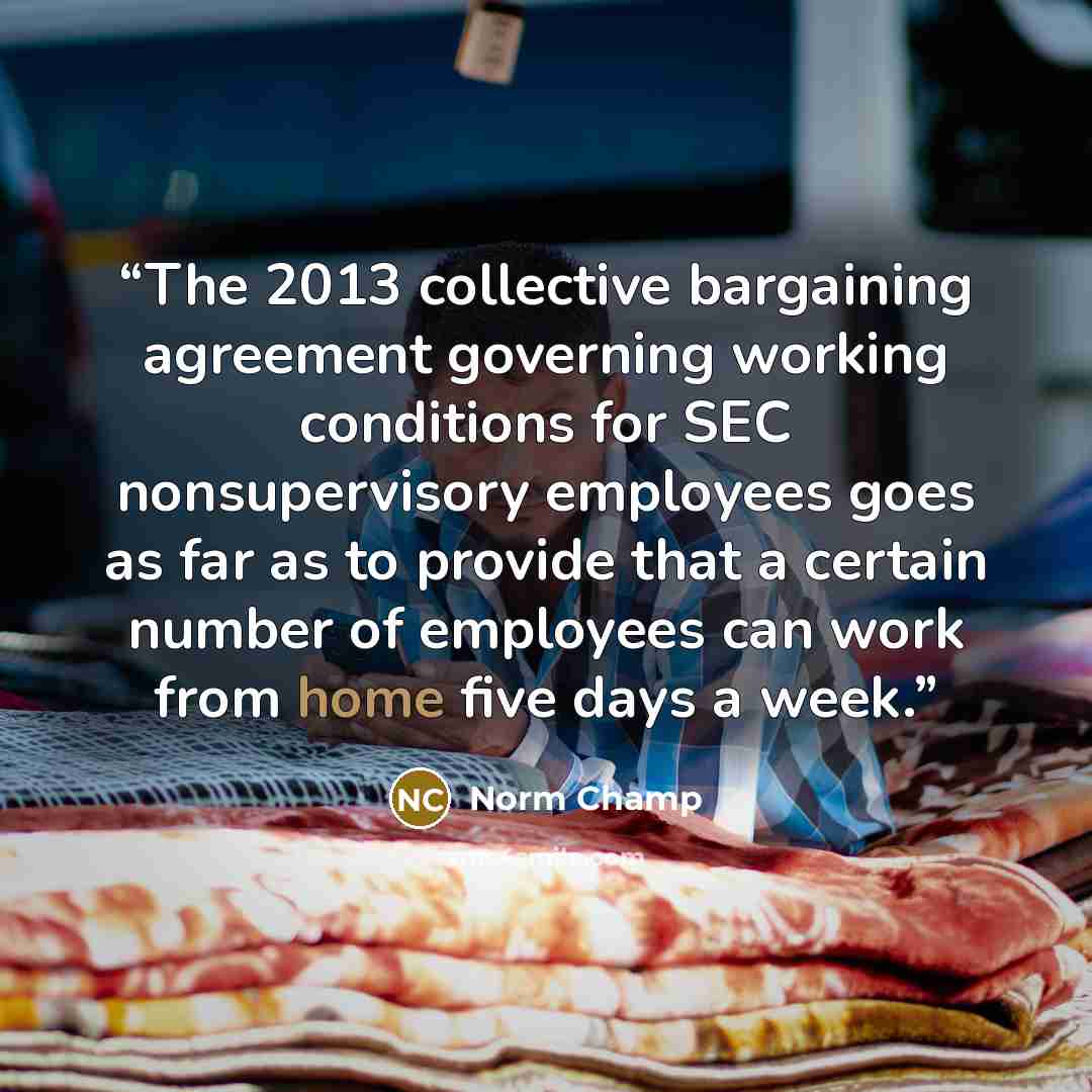 “The 2013 collective bargaining agreement governing working conditions for SEC nonsupervisory employees goes as far as to provide that a certain number of employees can work from home five days a week.” quote by Norm Champ