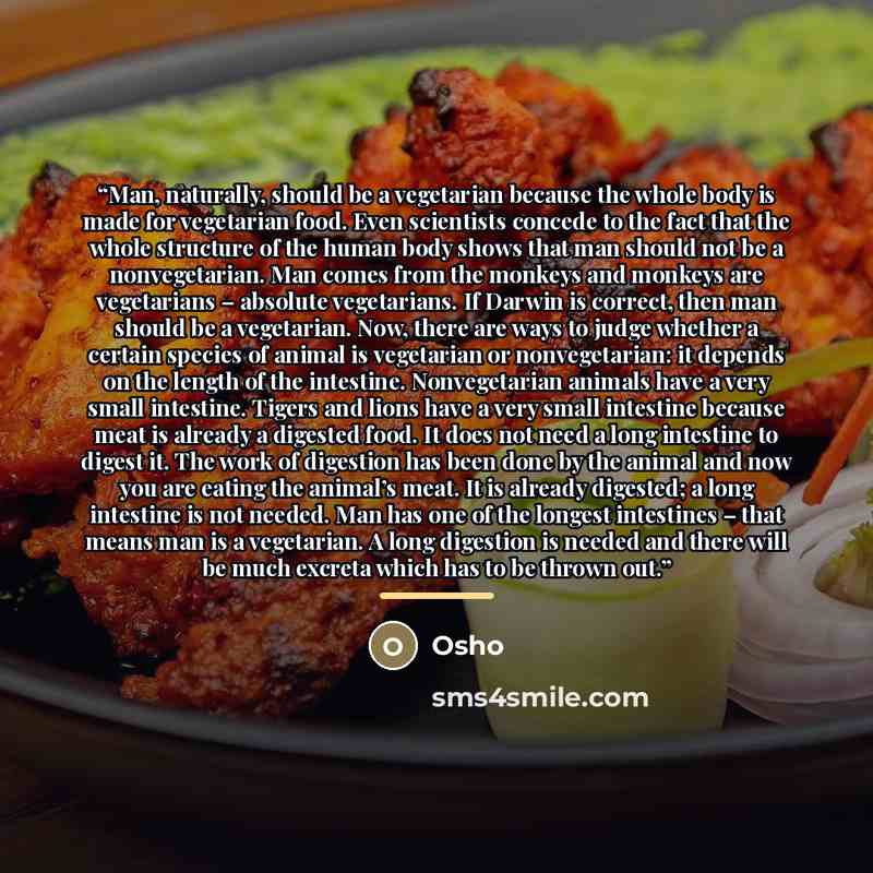 “Man, naturally, should be a vegetarian because the whole body is made for vegetarian food. Even scientists concede to the fact that the whole structure of the human body shows that man should not be a nonvegetarian. Man comes from the monkeys and monkeys are vegetarians – absolute vegetarians. If…” quote by Osho