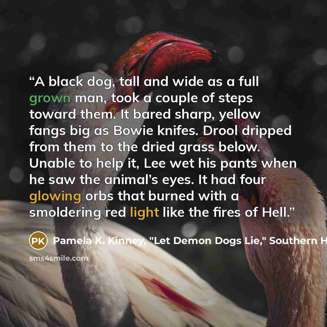 “A black dog, tall and wide as a full grown man, took a couple of steps toward them. It bared sharp, yellow fangs big as Bowie knifes. Drool dripped from them to the dried grass below. Unable to help it, Lee wet his pants when he saw the animal’s eyes. It had four glowing orbs that burned with a…” quote by Pamela K. Kinney, "Let Demon Dogs Lie," Southern Haunts: Devils in the Darkness