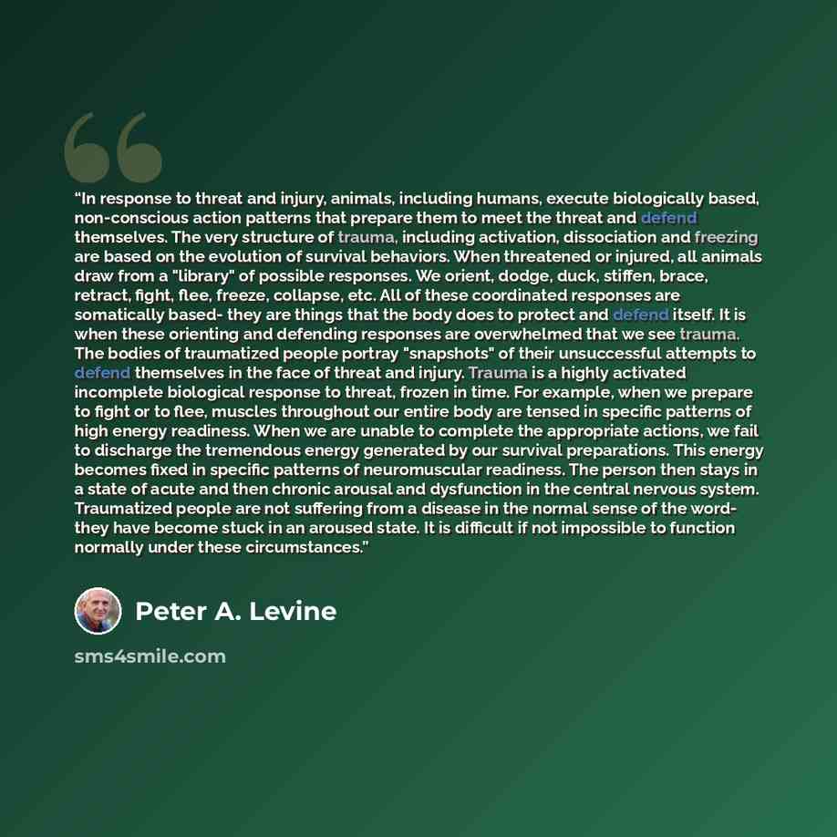 “In response to threat and injury, animals, including humans, execute biologically based, non-conscious action patterns that prepare them to meet the threat and defend themselves. The very structure of trauma, including activation, dissociation and freezing are based on the evolution of survival…” quote by Peter A. Levine