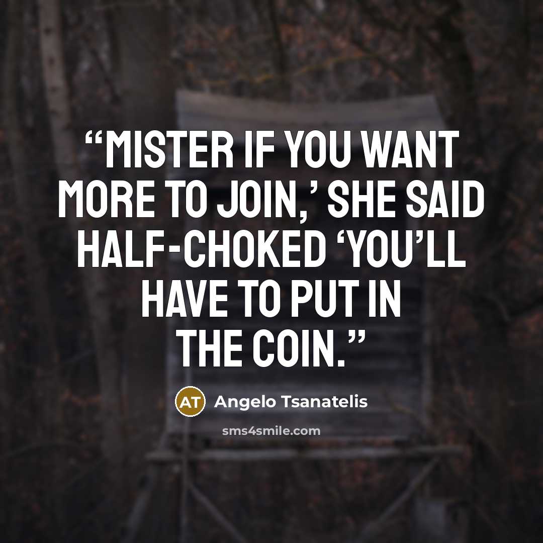 “Mister if you want more to join,’ She said half-choked ‘you’ll have to put in the coin.” quote by Angelo Tsanatelis