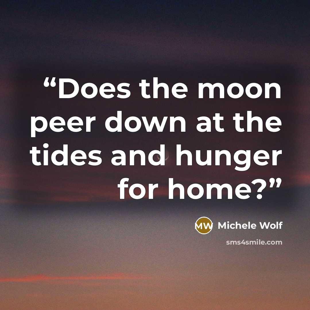 “Does the moon peer down at the tides and hunger for home?” quote by Michele Wolf