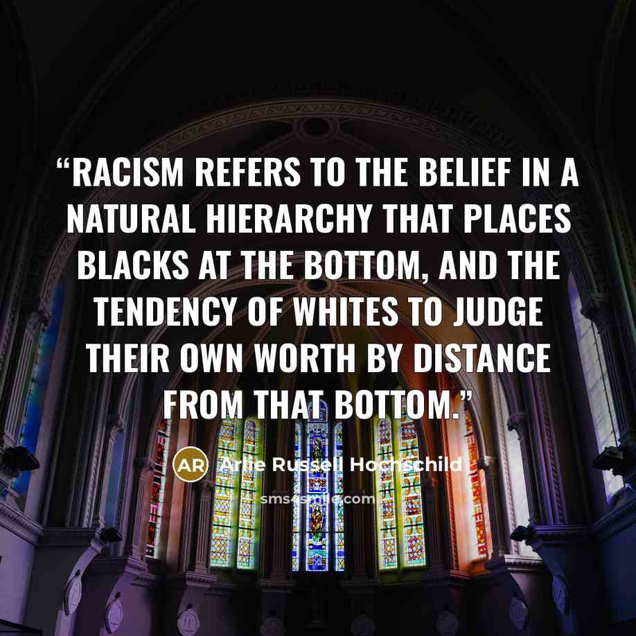 “racism refers to the belief in a natural hierarchy that places blacks at the bottom, and the tendency of whites to judge their own worth by distance from that bottom.” quote by Arlie Russell Hochschild