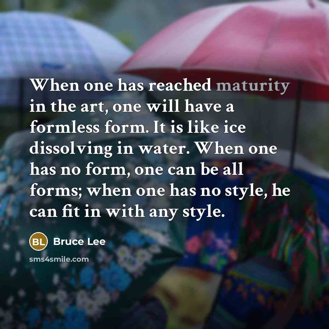 “When one has reached maturity in the art, one will have a formless form. It is like ice dissolving in water. When one has no form, one can be all forms; when one has no style, he can fit in with any style.” quote by Bruce Lee