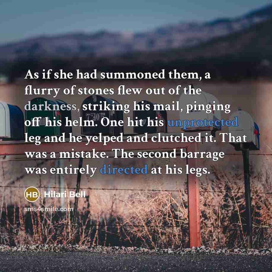 “As if she had summoned them, a flurry of stones flew out of the darkness, striking his mail, pinging off his helm. One hit his unprotected leg and he yelped and clutched it. That was a mistake. The second barrage was entirely directed at his legs.” quote by Hilari Bell