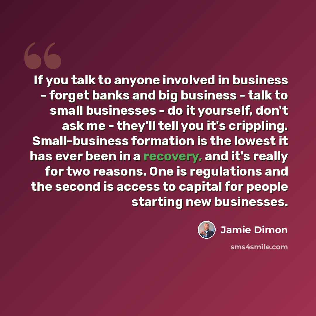 “If you talk to anyone involved in business - forget banks and big business - talk to small businesses - do it yourself, don't ask me - they'll tell you it's crippling. Small-business formation is the lowest it has ever been in a recovery, and it's really for two reasons. One is regulations and the…” quote by Jamie Dimon