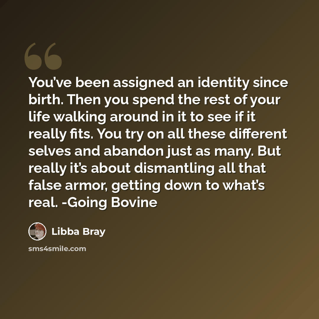 “You’ve been assigned an identity since birth. Then you spend the rest of your life walking around in it to see if it really fits. You try on all these different selves and abandon just as many. But really it’s about dismantling all that false armor, getting down to what’s real. -Going Bovine” quote by Libba Bray