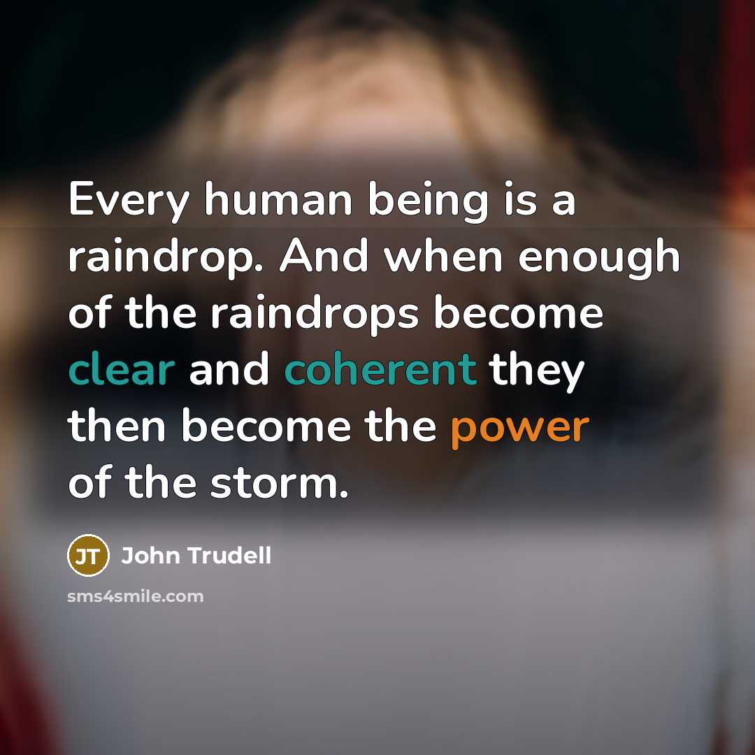 “Every human being is a raindrop. And when enough of the raindrops become clear and coherent they then become the power of the storm.” quote by John Trudell