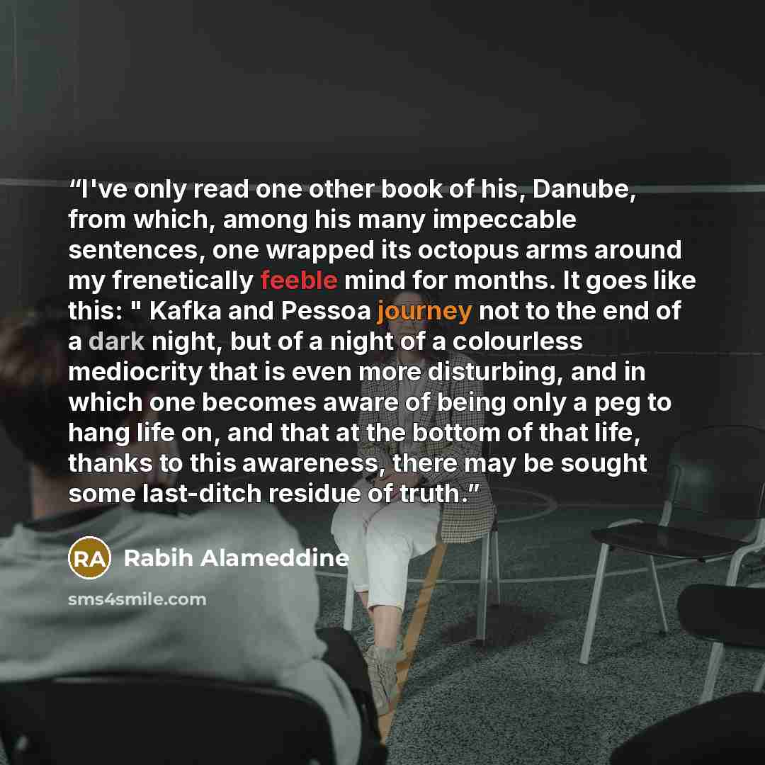 “I've only read one other book of his, Danube, from which, among his many impeccable sentences, one wrapped its octopus arms around my frenetically feeble mind for months. It goes like this: " Kafka and Pessoa journey not to the end of a dark night, but of a night of a colourless mediocrity that is…” quote by Rabih Alameddine