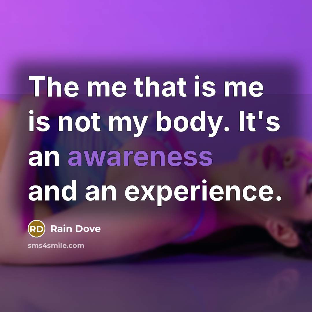 “The me that is me is not my body. It's an awareness and an experience.” quote by Rain Dove