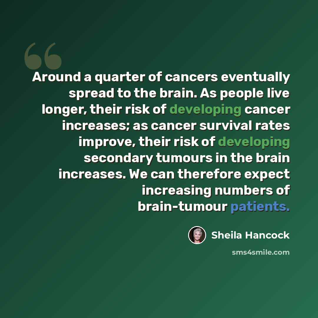 “Around a quarter of cancers eventually spread to the brain. As people live longer, their risk of developing cancer increases; as cancer survival rates improve, their risk of developing secondary tumours in the brain increases. We can therefore expect increasing numbers of brain-tumour patients.” quote by Sheila Hancock