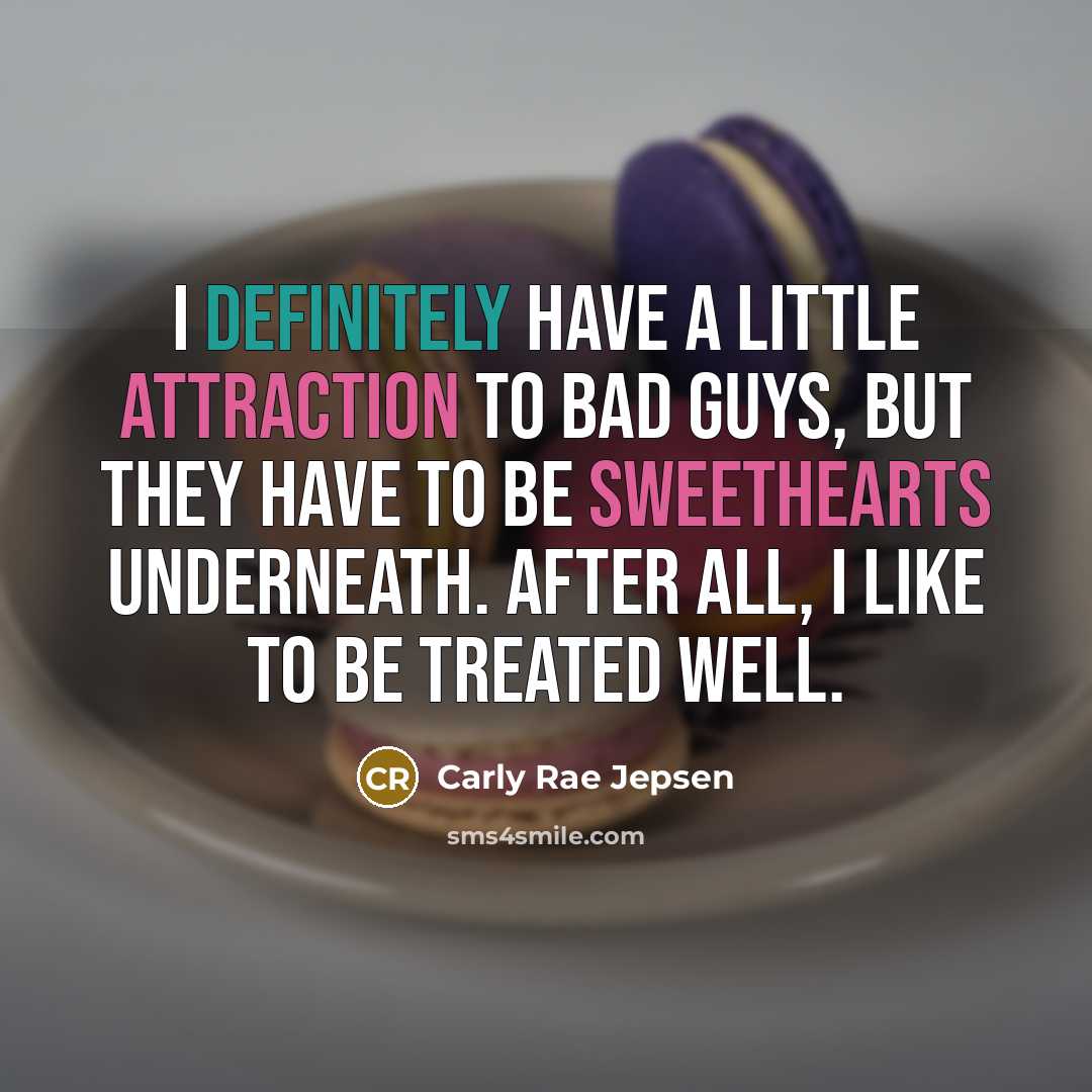 “I definitely have a little attraction to bad guys, but they have to be sweethearts underneath. After all, I like to be treated well.” quote by Carly Rae Jepsen