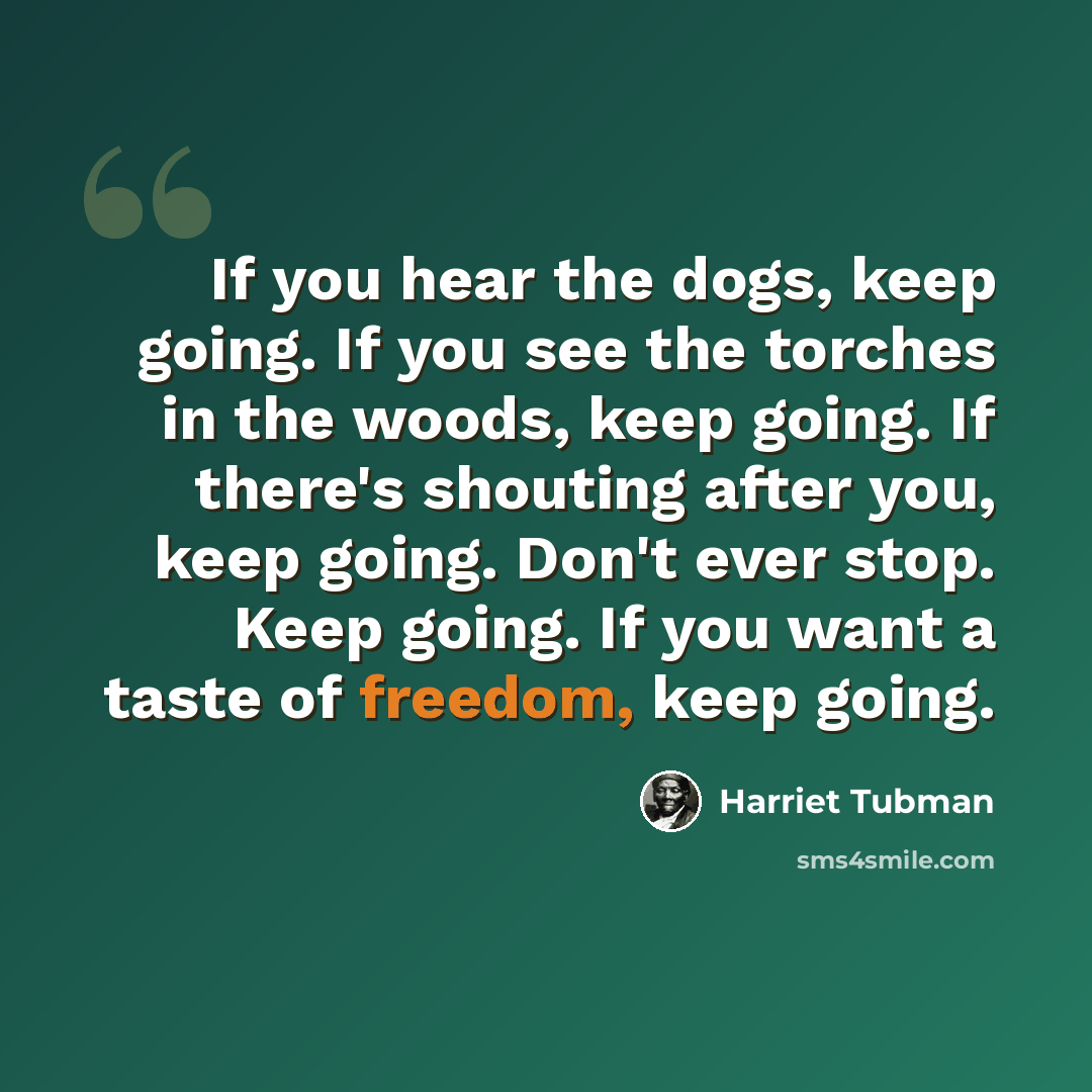 “If you hear the dogs, keep going. If you see the torches in the woods, keep going. If there's shouting after you, keep going. Don't ever stop. Keep going. If you want a taste of freedom, keep going.” quote by Harriet Tubman