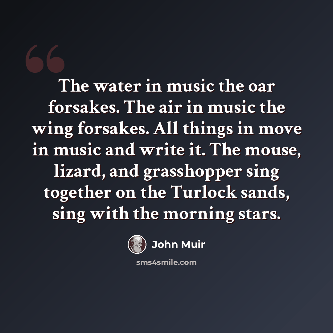 “The water in music the oar forsakes. The air in music the wing forsakes. All things in move in music and write it. The mouse, lizard, and grasshopper sing together on the Turlock sands, sing with the morning stars.” quote by John Muir