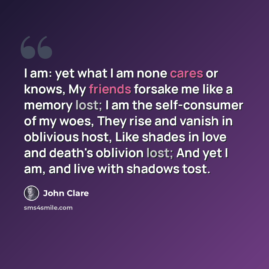 “I am: yet what I am none cares or knows, My friends forsake me like a memory lost; I am the self-consumer of my woes, They rise and vanish in oblivious host, Like shades in love and death's oblivion lost; And yet I am, and live with shadows tost.” quote by John Clare