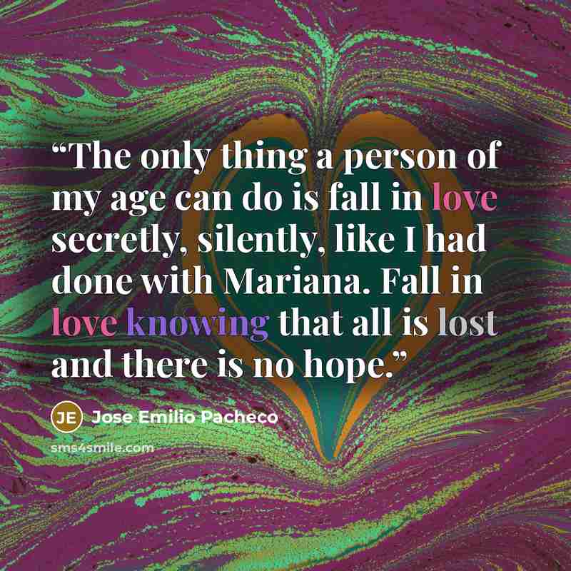 “The only thing a person of my age can do is fall in love secretly, silently, like I had done with Mariana. Fall in love knowing that all is lost and there is no hope.” quote by José Emilio Pacheco