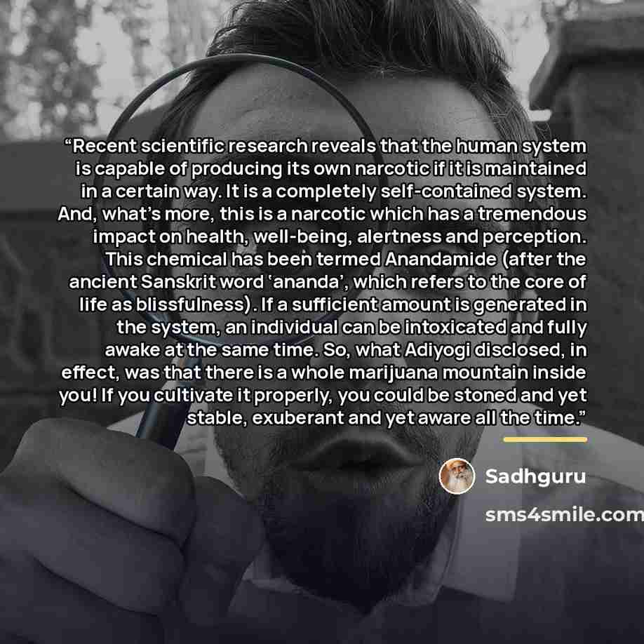 “Recent scientific research reveals that the human system is capable of producing its own narcotic if it is maintained in a certain way. It is a completely self-contained system. And, what’s more, this is a narcotic which has a tremendous impact on health, well-being, alertness and perception. This…” quote by Sadhguru
