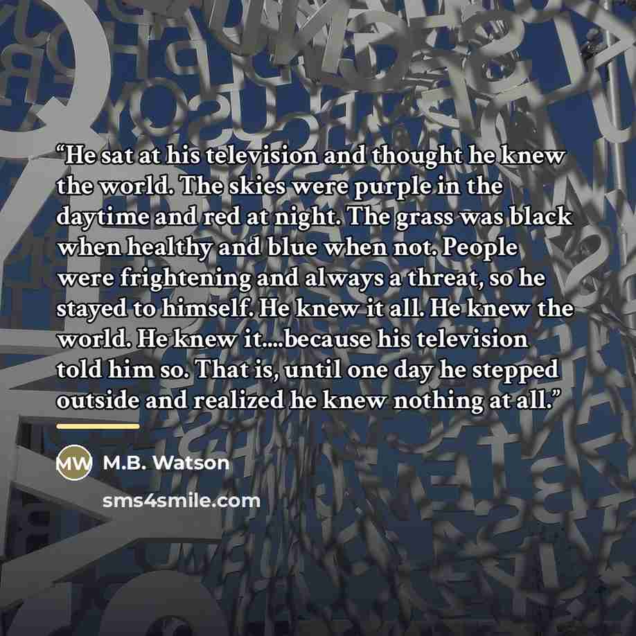 “He sat at his television and thought he knew the world. The skies were purple in the daytime and red at night. The grass was black when healthy and blue when not. People were frightening and always a threat, so he stayed to himself. He knew it all. He knew the world. He knew it…because his…” quote by M.B. Watson