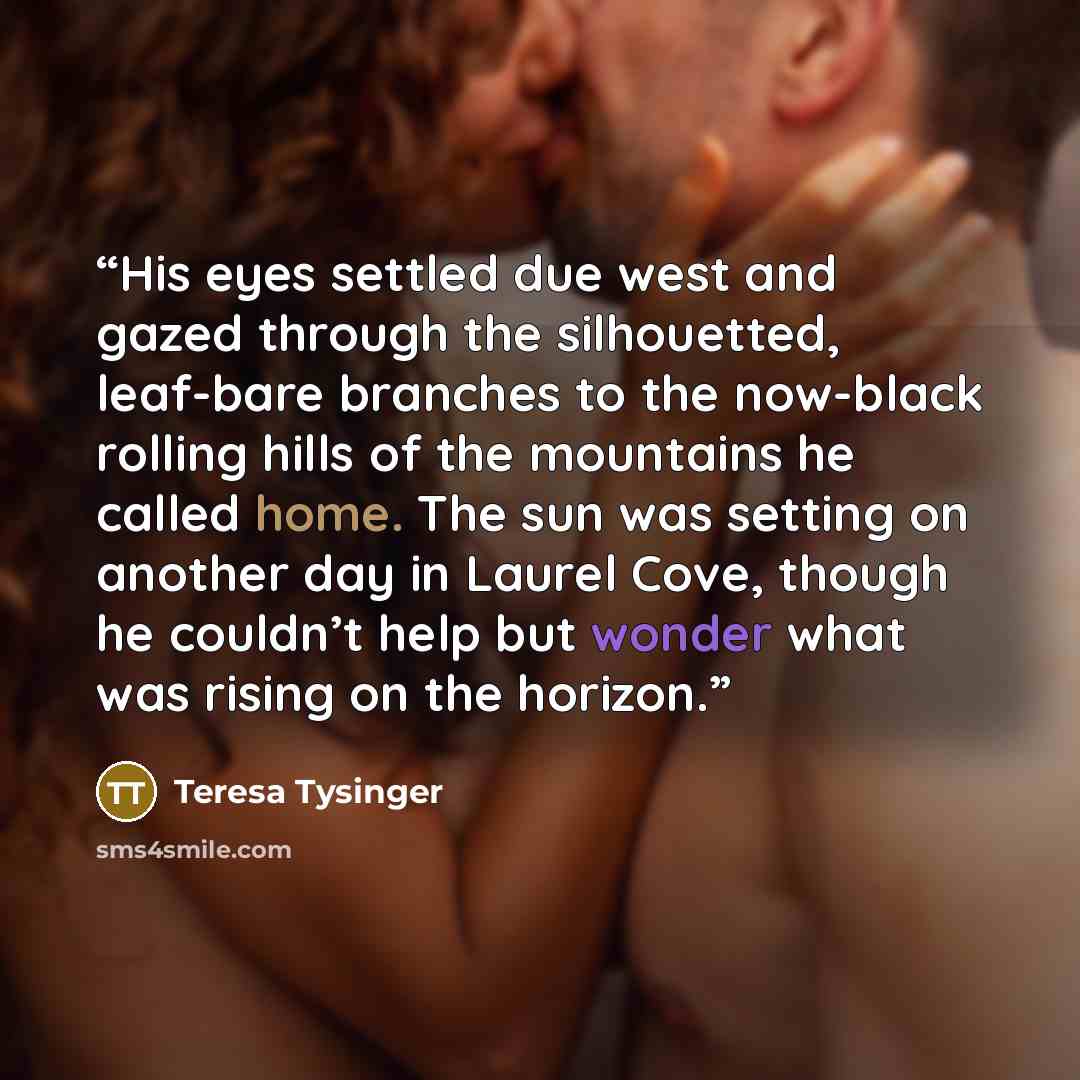 “His eyes settled due west and gazed through the silhouetted, leaf-bare branches to the now-black rolling hills of the mountains he called home. The sun was setting on another day in Laurel Cove, though he couldn’t help but wonder what was rising on the horizon.” quote by Teresa Tysinger