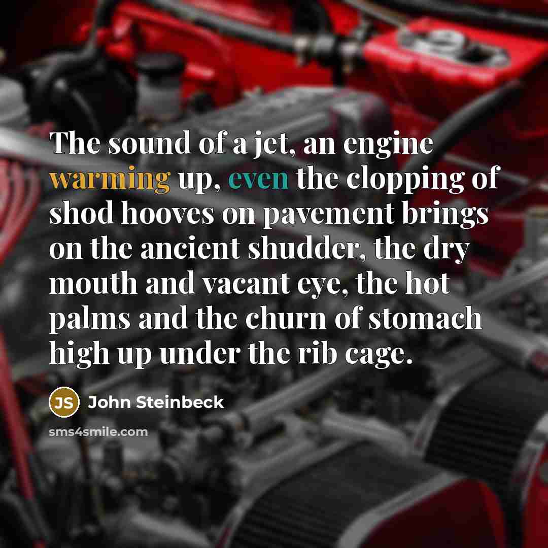 “The sound of a jet, an engine warming up, even the clopping of shod hooves on pavement brings on the ancient shudder, the dry mouth and vacant eye, the hot palms and the churn of stomach high up under the rib cage.” quote by John Steinbeck