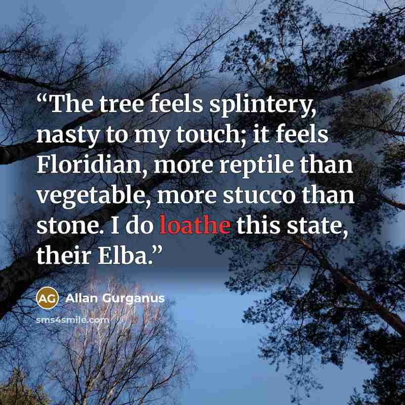 “The tree feels splintery, nasty to my touch; it feels Floridian, more reptile than vegetable, more stucco than stone. I do loathe this state, their Elba.” quote by Allan Gurganus