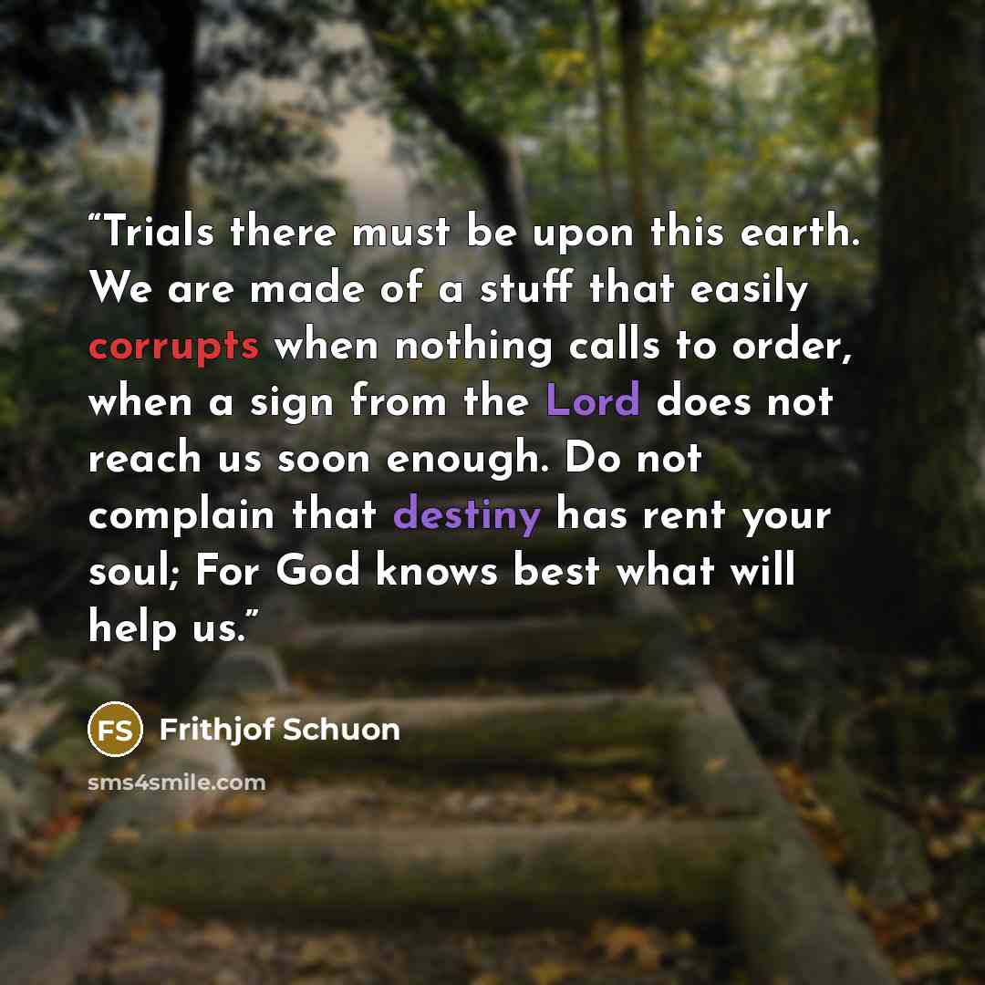 “Trials there must be upon this earth. We are made of a stuff that easily corrupts when nothing calls to order, when a sign from the Lord does not reach us soon enough. Do not complain that destiny has rent your soul; For God knows best what will help us.” quote by Frithjof Schuon