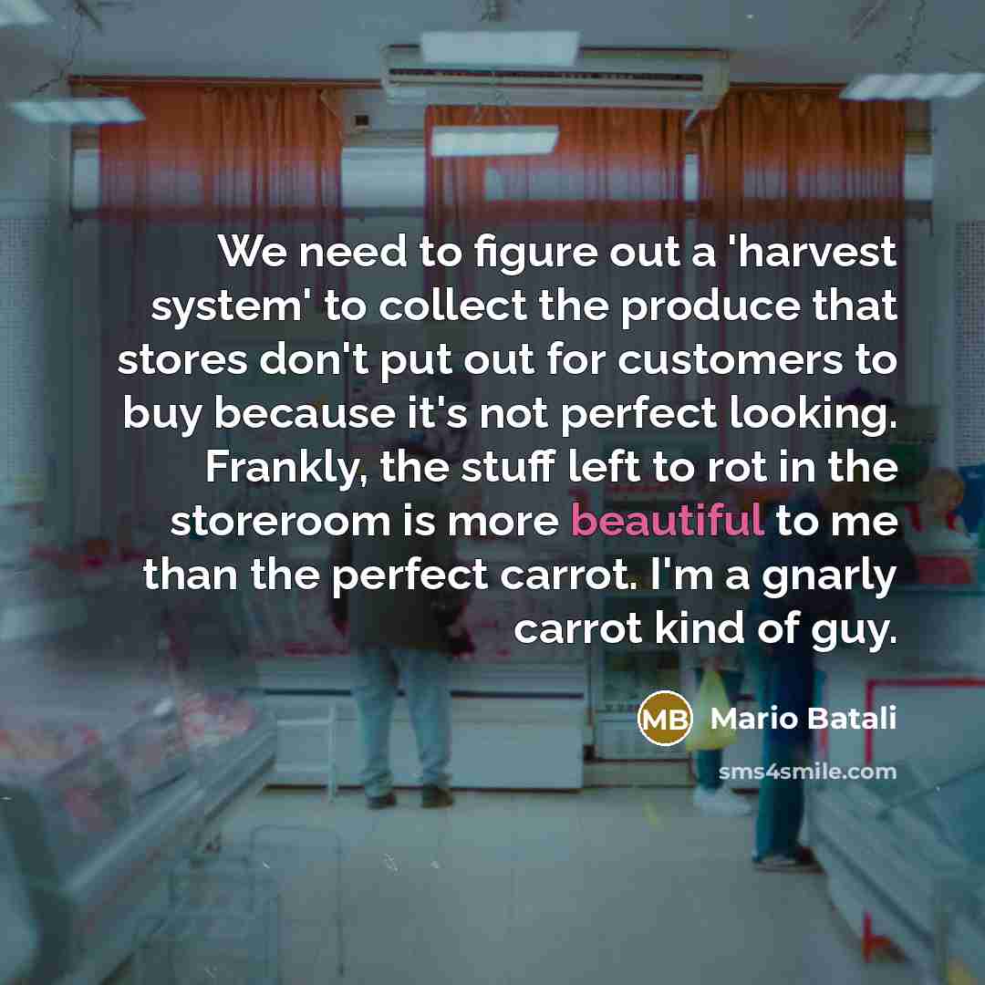 “We need to figure out a 'harvest system' to collect the produce that stores don't put out for customers to buy because it's not perfect looking. Frankly, the stuff left to rot in the storeroom is more beautiful to me than the perfect carrot. I'm a gnarly carrot kind of guy.” quote by Mario Batali