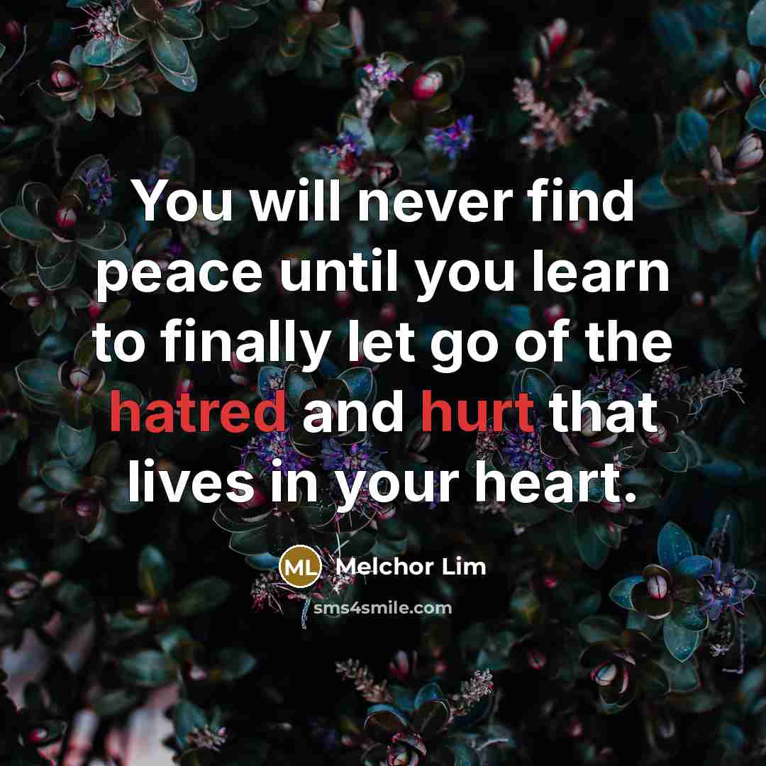 “You will never find peace until you learn to finally let go of the hatred and hurt that lives in your heart.” quote by Melchor Lim