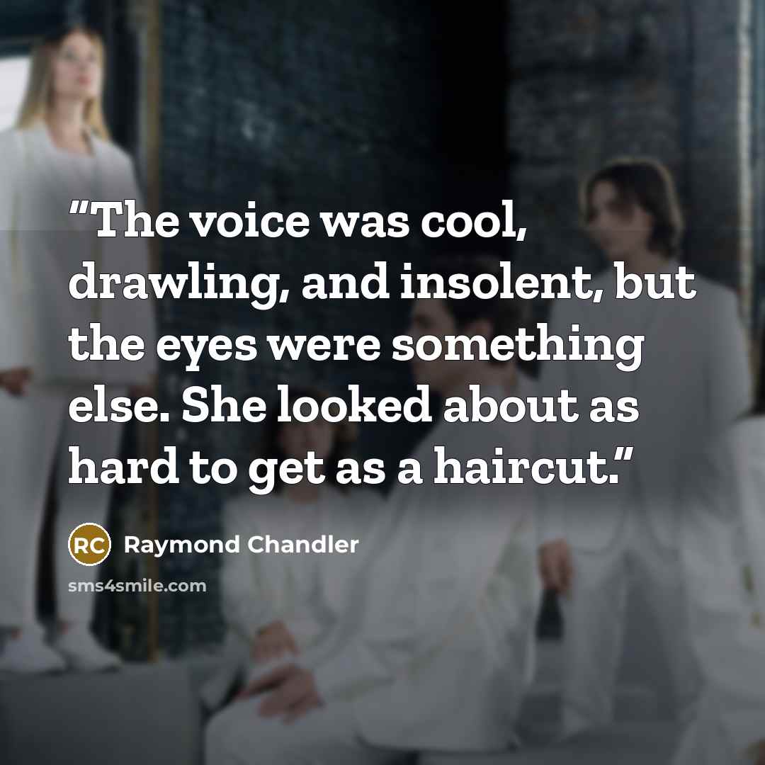 “The voice was cool, drawling, and insolent, but the eyes were something else. She looked about as hard to get as a haircut.” quote by Raymond Chandler