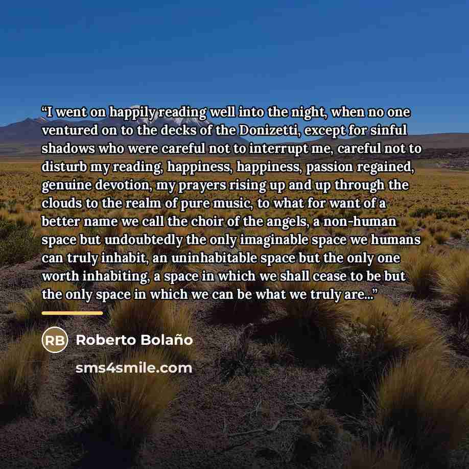 “I went on happily reading well into the night, when no one ventured on to the decks of the Donizetti, except for sinful shadows who were careful not to interrupt me, careful not to disturb my reading, happiness, happiness, passion regained, genuine devotion, my prayers rising up and up through the…” quote by Roberto Bolaño
